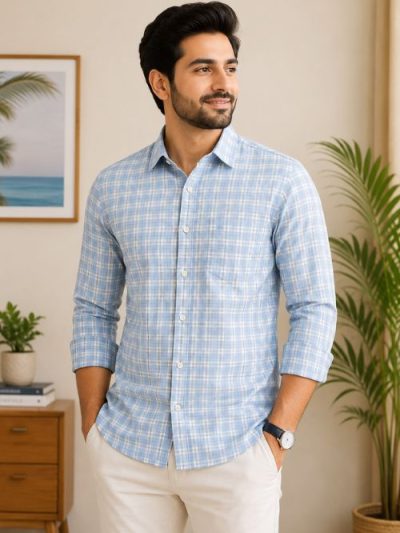 Classic Sky Blue Checked Casual Shirt
